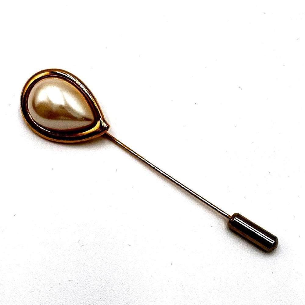Faux Pearl Stick Pin Gold Tone‎ Teardrop Lapel Brooch Vintage Jewelry